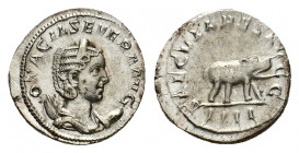 Otacilia Severa (Augusta, 244-249). AR Antoninianus (21,46 mm, 4,09 g). Rome, AD 248. Diademed and draped bust r., set on crescent. R/ Hippopotamus st...