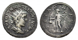 Herennius Etruscus (Caesar, 249-251). AR Antoninianus (20,35 mm, 3,59 g). Rome, AD 250. Radiate and draped bust r. R/ Mercury standing l., holding pur...