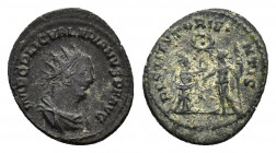 Valerian I (AD 253-260). BI Antoninianus (20,51 mm, 3,78 g). Antioch, AD 255-256. Radiate and draped bust r., R/ Turreted female, standing r., present...