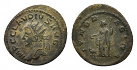 Claudius II Gothicus (268-270). Æ Antoninianus (20,74 mm, 3,54 g). Antioch, AD 268-269. Radiate head l. R/ Juno standing l. holding patera and sceptre...