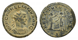 Aurelian (270-275). Æ Antoninianus (21,96 mm, 3,55 g). Cyzicus, AD 272-274. Radiate, cuirassed bust r. R/ Female figure standing r., presenting wreath...