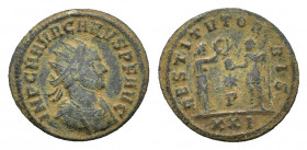 Carus (282-283). Ӕ Antoninianus (22,07 mm, 3,68 g). Siscia, AD 282-283. Radiate, draped and cuirassed bust r. R/ Oriens figure, on l., standing r., pr...