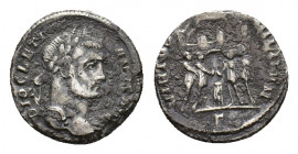 Diocletian (284-305). AR Argenteus (17,34 mm, 3,07). Rome, AD 295-297. Laureate head r. R/ Turreted camp gate with the four tetrarchs swearing over tr...