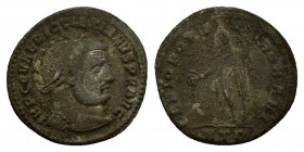 Diocletian (284-305). Æ follis (27,43 mm, 9,98 g). Heraclea, AD 297-298. Laureate head r. R/ Genius standing l., wearing modius, holding patera from w...
