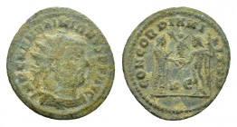Maximianus (286-305). Æ Follis (21,81 mm, 3,41 g). Cyzicus, AD 295-299. Radiate, draped and cuirassed bust r. R/ Emperor standing r., holding parazoni...