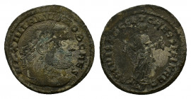 Galerius (Caesar, 293-305). Æ Follis (25,07 mm, 9,26 g). Carthage, AD 298-299. Laureate head r. R/ Carthago standing facing, head l., holding fruits i...