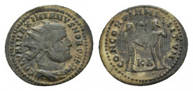 Galerius (Caesar, 293-305). Æ Radiate fraction (21,03 mm, 2,90 g). Cyzicus, AD 295-299. Radiate, draped and cuirassed bust r. R/ Emperor standing r., ...