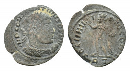 Constantine I (307-337). Æ Follis (20,88 mm, 2,63 g). Ticinum, AD 317. Laureate, draped and cuirassed bust r. R/ Sol radiate standing l., holding glob...