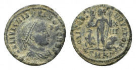 Crispus (Caesar, 316-326). AE Follis (19,34 mm, 3,29 g). Cyzicus, AD 321-324. Helmeted, cuirassed bust l., holding spear and shield. R/ Jupiter standi...