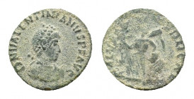 Valentinian II (375-392). Ӕ (12,26 mm, 1,07 g). Uncertain mint. Diademed, draped and curiassed bust r. R/ Emperor walking l., holding standard and dra...