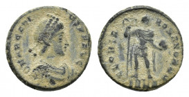 Arcadius (383-408). Ӕ (19,04 mm, 5,45 g). Uncertain mint. Diademed, draped and cuirassed bust r. R/ Emperor standing facing, head r., holding labarum ...