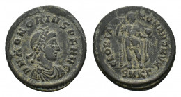 Honorius (393-423). Æ (21,96 mm, 4,89 g). Cyzicus, AD 393-395. Pearl-diademed, draped and cuirassed bust r. R/ Emperor standing facing, head r., holdi...