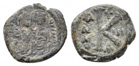 Justin II and Sophia (565-578). Æ 20 Nummi (21,21 mm, 7,42 g). Constantinople, AD 566-567. Justin and Sophia seated facing on double throne, holding g...