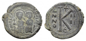Justin II and Sophia (565-578). Æ 20 Nummi (21,91 mm, 5,69 g). Constantinople, AD 566-567. Justin II and Sophia seated facing on double throne, holdin...