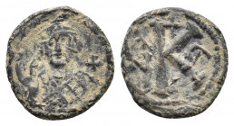 Leontius (695-698). Æ 20 Nummi (20mm, 4.14g). Constantinople, year 1 (AD 695/6). Crowned facing bust, holding globus cruciger. R/ Large K; cross above...