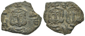 Constantine V with Leo IV (741-775). Æ 40 Nummi (18.5mm, 2.25g, 6h). Syracuse, 751-775. Crowned facing busts of Constantine and Leo IV, each wearing c...