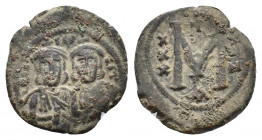 Leo V, the Armenian (AD 813-820). Æ 40 Nummi (22,74 mm, 4,47 g). Constantinople, December AD 813-820. Facing busts of Leo, on l., and Constantine, on ...