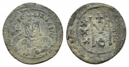 Theophilus (829-842). Æ 40 Nummi (30,27 mm, 8,08 g). Constantinople, AD 829-830/1. Crowned bust facing, wearing chlamys, holding patriarchal cross and...