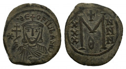 Theophilus (829-842). Æ 40 Nummi (27,07 mm, 8,34 g). Constantinople, AD 829-830/1. Crowned bust facing, wearing chlamys, holding patriarchal cross and...