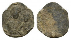 Byzantine Pb Seal, c. 11th century (). Bust of the Virgin Mary facing slightly right, holding Holy Infant. R/ blank. Very fine.