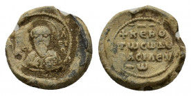 Byzantine Pb Seal, c. 10th century (21mm, 9.32g). Nimbate bust of St. Basilios facing. R/ + KЄR Θ Tω Cω ΔOV BACIΛЄV ω, legend in four lines. VF...