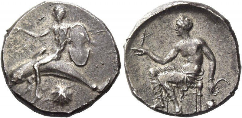 Calabria, Tarentum. Nomos circa 470-425, AR 7.83 g. Phalantus on dolphin l., r. ...