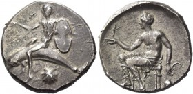 Calabria, Tarentum. Nomos circa 470-425, AR 7.83 g. Phalantus on dolphin l., r. arm outstretched, holding Boeotian shield; beneath, cockle-shell. Rev....
