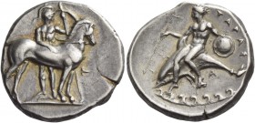 Calabria, Tarentum. Nomos circa 344-340, AR 7.86 g. Ephebos, naked but for helmet, carrying long spear and large round shield, standing to front behin...