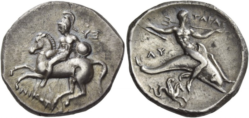 Calabria, Tarentum. Nomos circa 302-280, AR 7.71 g. Helmeted horseman l., holdin...
