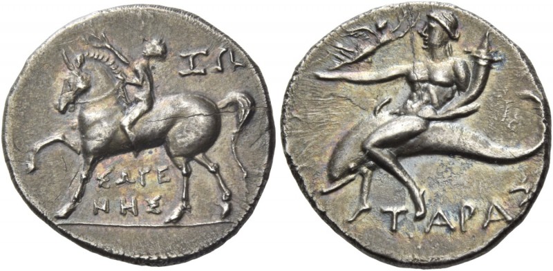 Calabria, Tarentum. Half shekel circa 212-209, AR 3.55 g. Jockey l., holding bri...