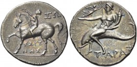 Calabria, Tarentum. Half shekel circa 212-209, AR 3.55 g. Jockey l., holding bridles and crowning horse; behind, ΙΩ and below, ΣΩΓΕ / NHΣ. Rev. Dolphi...