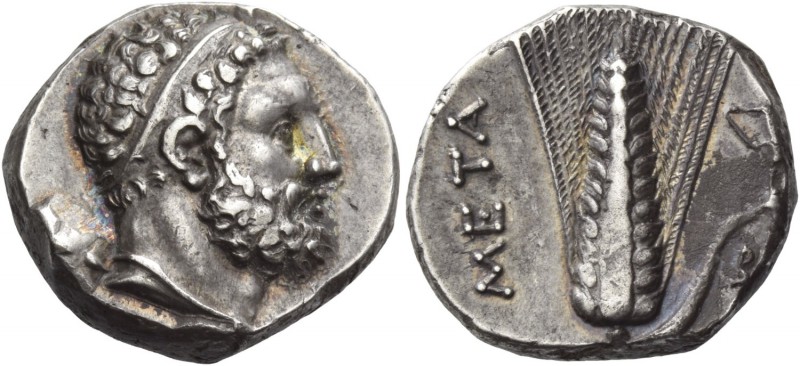 Lucania, Metapontum. Nomos circa 290-280, AR 7.91 g. Diademed head of Heracles r...