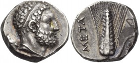 Lucania, Metapontum. Nomos circa 290-280, AR 7.91 g. Diademed head of Heracles r., lion’s skin tied around neck and club over l. shoulder. Rev. META E...