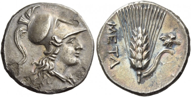 Lucania, Metapontum. Quarter-shekel circa 215-207, AR 3.32 g. Draped bust of Ath...