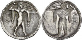 Poseidonia. Nomos circa 520-500, AR 7.46 g. ΠΟΣ Poseidon bearded, diademed and naked but for chlamys over shoulders, advancing r., hurling trident in ...
