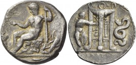 Croton. Nomos circa 420, AR 7.72 g. OIKIM[TAM] Young Heracles seated l. on rocks, holding filleted branch and club; behind, bow and quiver. In l. fiel...
