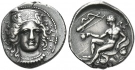 Croton. Nomos circa 400-325, AR 7.91 g. K – P – O – T – [O] Head of Hera Lakinia facing three-quarters r., wearing pendant necklace and stephane decor...
