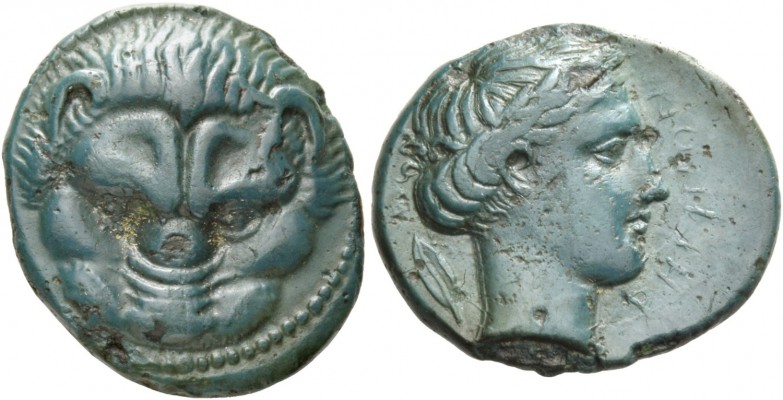 Rhegium. Bronze circa 415-387, 4.83 g. Lion mask. Rev. PHΓINON Laureate head of ...