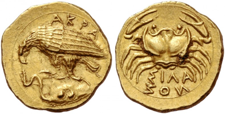 Sicily, Agrigentum. Diobol circa 409-406, AV 1.34 g. AKPA Eagle standing l. on r...