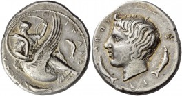 Camarina. Didrachm circa 405, AR 8.67 g. KAMA – P – INAIO – N The nymph Camarina, with head l., dressed in low-necked chiton leaving the breast partly...