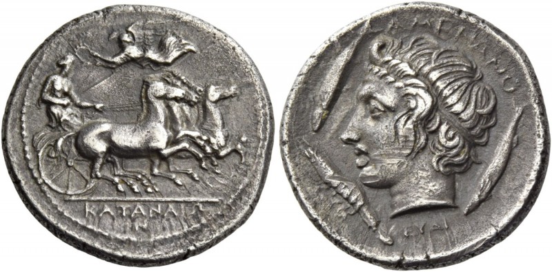 Catana. Drachm signed by Euainetos circa 405 BC, AR 4.09 g. Fast quadriga driven...