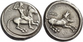 Gela. Tetradrachm circa 475-465, AR 17.36 g. Naked, bearded rider wearing conical helmet, on horse prancing r., spear in r. hand, l. holding reins. Re...