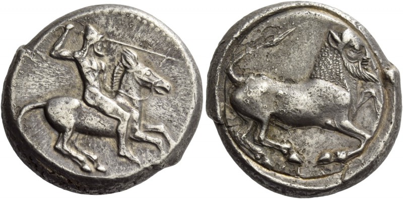 Gela. Tetradrachm circa 475-465, AR 17.34 g. Naked, bearded rider wearing conica...