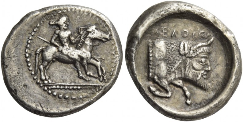 Gela. Drachm circa 475-465, AR 4.07 g. Naked rider about to jump from horse pran...