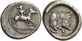 Gela. Drachm circa 475-465, AR 4.07 g. Naked rider about to jump from horse prancing r.; his l. hand holding reins and resting against horse’s mane, k...
