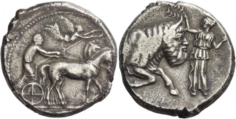 Gela. Tetradrachm circa 440-430, AR 17.32 g. Slow quadriga driven r. by chariote...