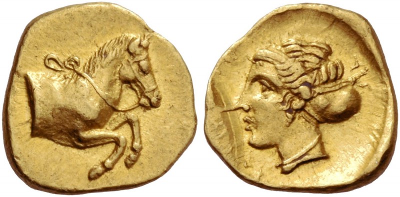 Gela. Litra circa 406, AV 0.87 g. Forepart of bridled horse r. Rev. [ΣΟΣΙΠΟΛΙΣ] ...