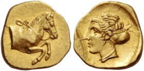 Gela. Litra circa 406, AV 0.87 g. Forepart of bridled horse r. Rev. [ΣΟΣΙΠΟΛΙΣ] Head of nymph l., wearing ampyx and necklace. Rizzo pl. XIX, 9. Jameso...
