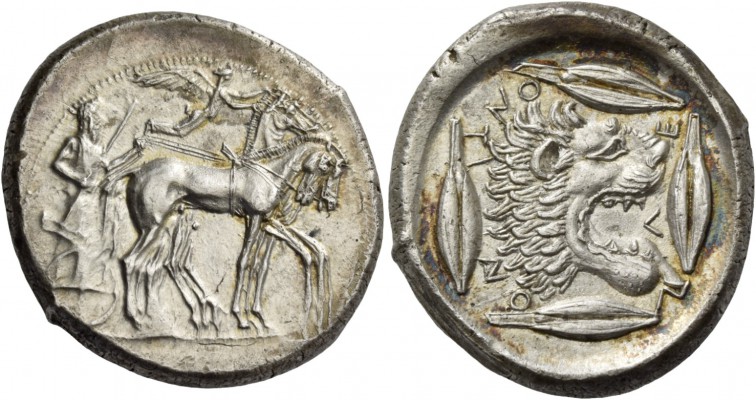 Leontini. Tetradrachm circa 475, AR 16.97 g. Slow quadriga driven r. by chariote...