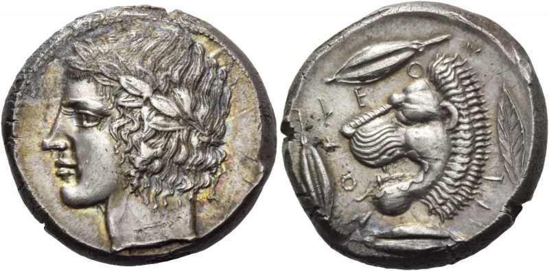 Leontini. Tetradrachm circa 430-425, AR 17.35 g. Laureate head of Apollo l. Rev....